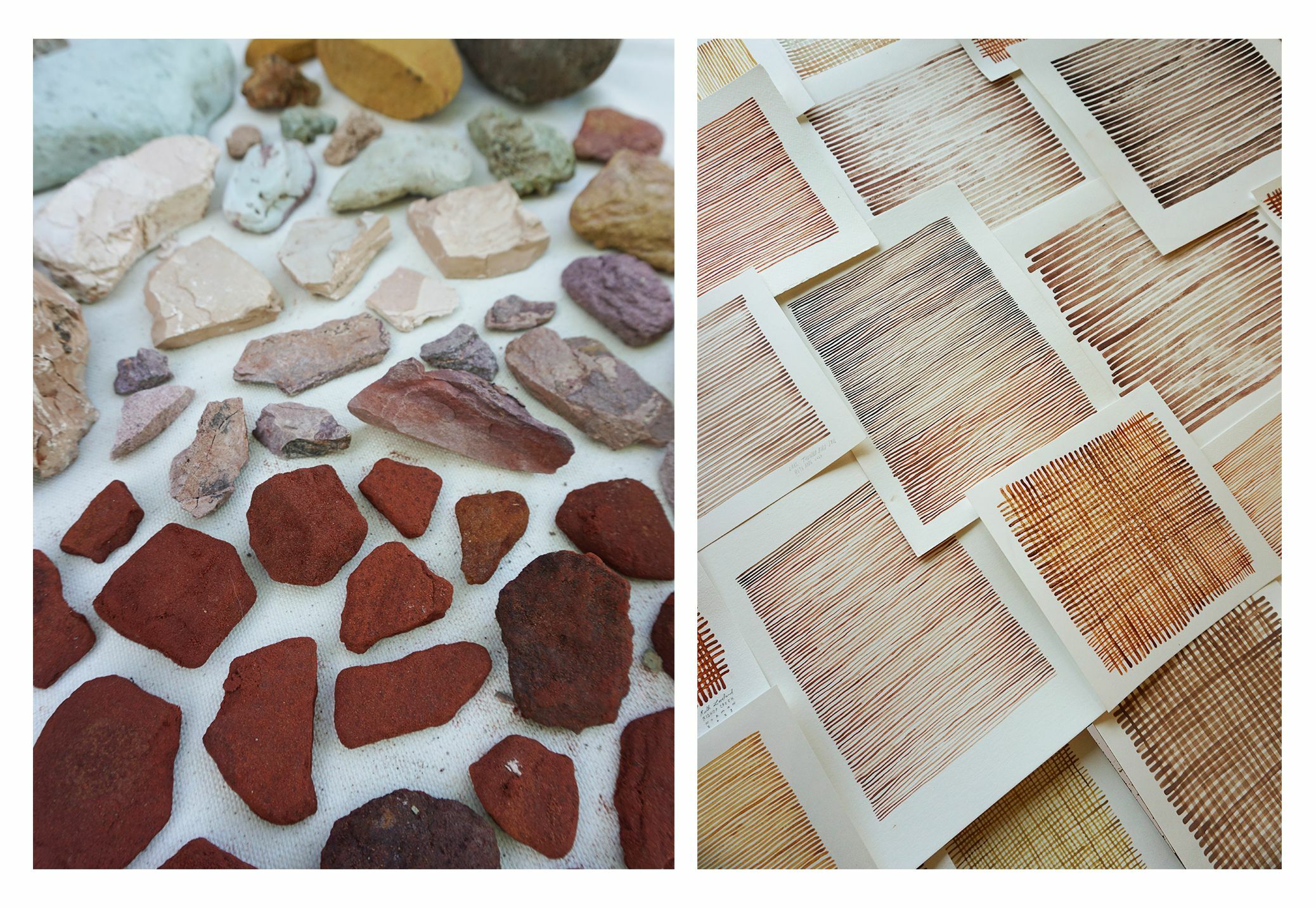 A split image showing various rocks and red soil samples on the left and color samples of the same pigments on the right