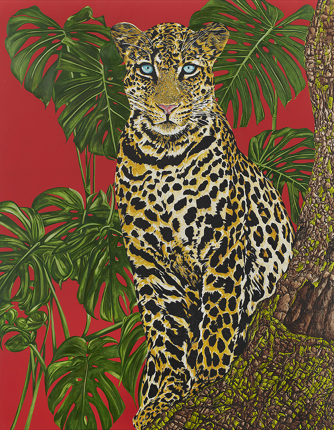 Oil painting of a jaguar perched on a tree limb against a red background with palm leaves.