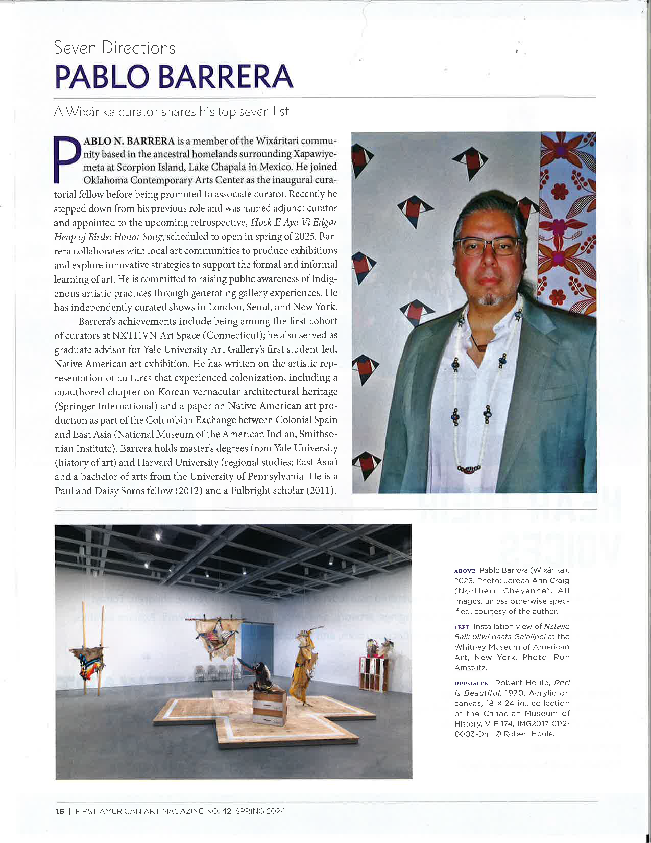 A magazine article with photos of a person in a gray suit and an gallery filled with fabric-based sculptural works in brown and rainbow colors