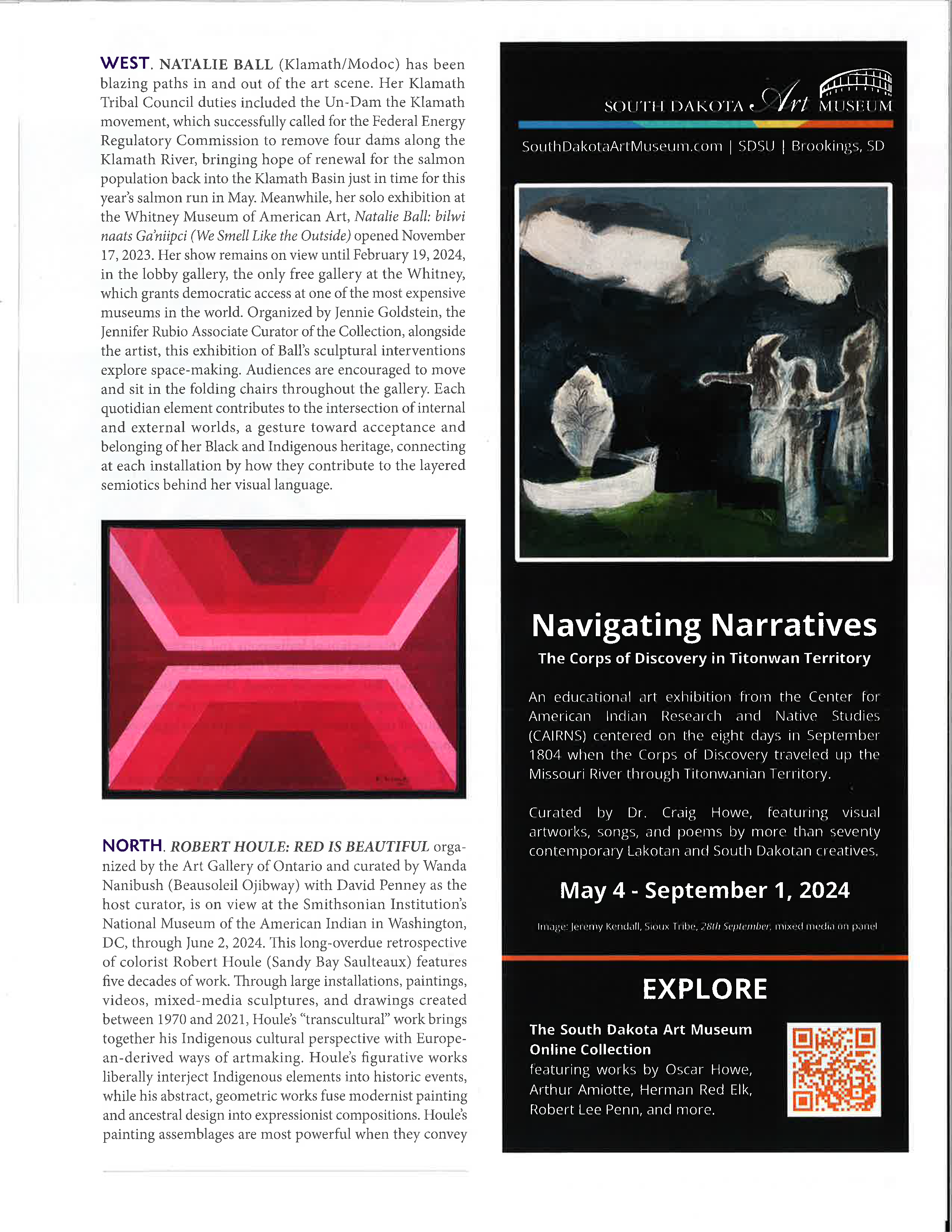 A magazine article with a geometric red and pink image