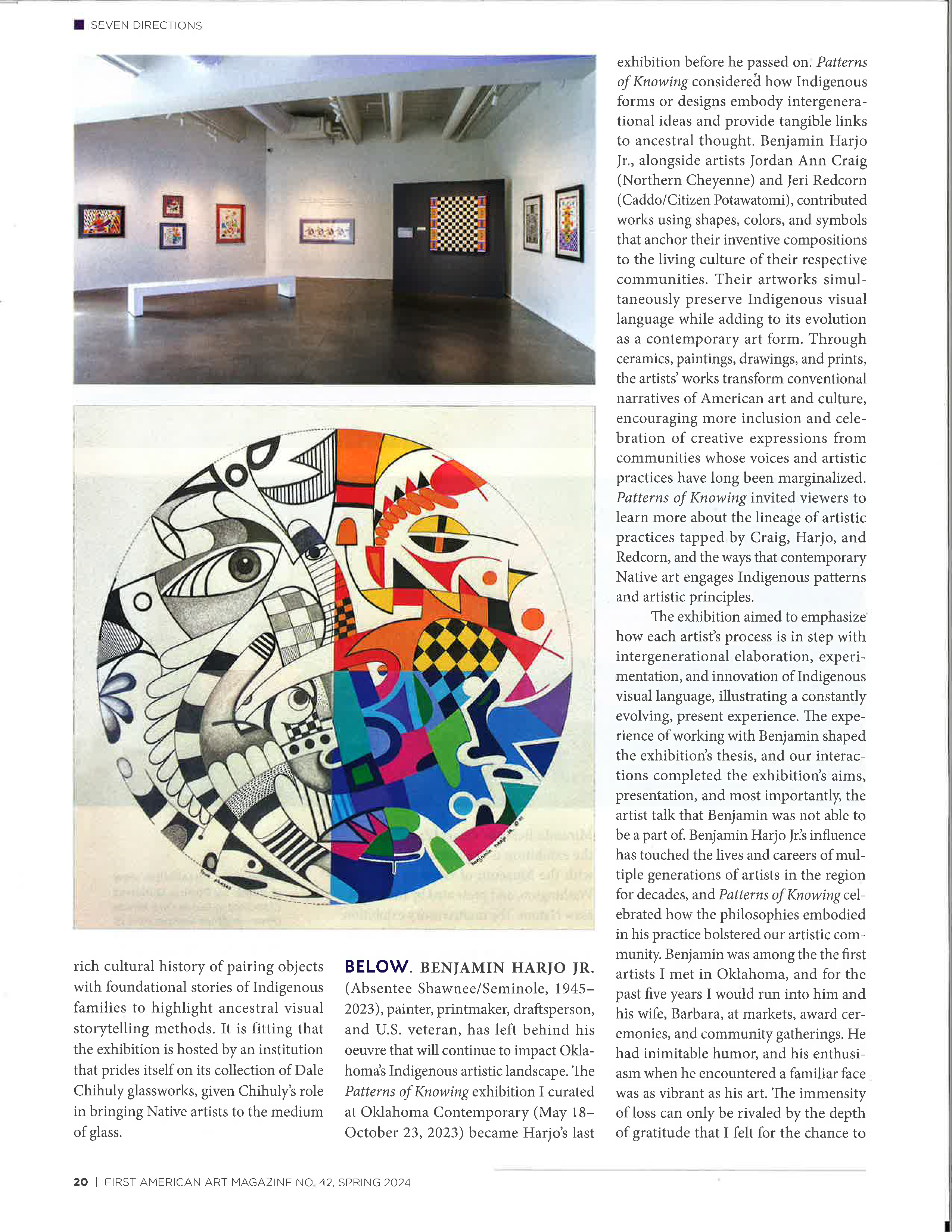 A magazine article with photos of an art gallery full of colorful, geometric prints and a circle filled with abstract geometric designs in both black and white and full color