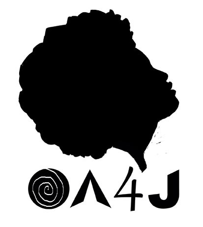 A black logo on a white background shows the silhouette of a Black woman's head. Her hair is styled in an Afro. The text below reads OA4J.