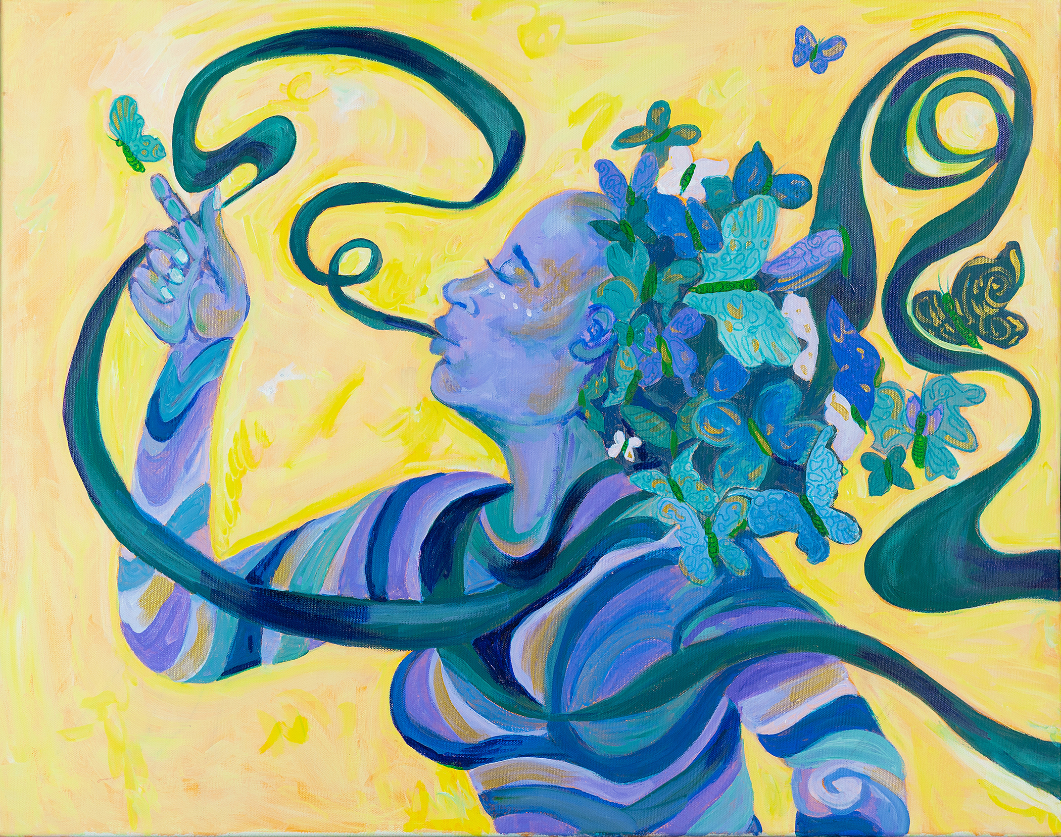 In the painting, the background is a bright yeloow while the rest of the work is in blue, green and purple hues. A femme figure with butterflies and flowers for hair is blowing out smoke that flows in a long, swirly trail around the figure.