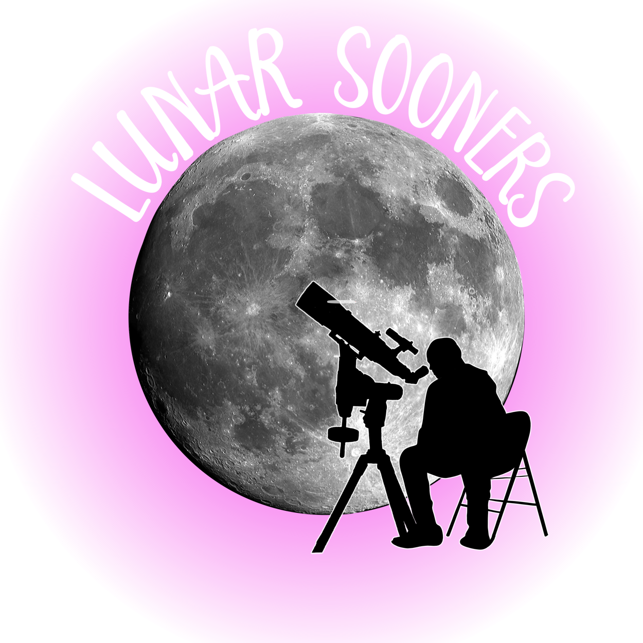 Image of the moon against a purple background with "Lunar Sooners" written above. A silhouette of a person sitting at a telescope is in front of the moon.