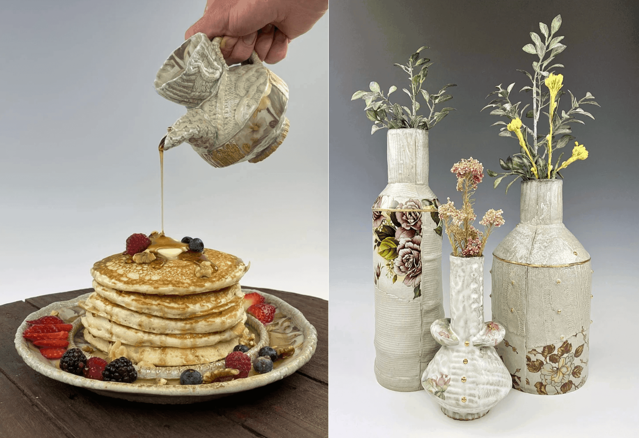 A diptych of hand-built ceramics. Left: Pancakes sit atop a decorated ceramic plate as a matching ceramic vessel pours syrup on top. Right: Three ceramic vases with floral decals hold sprigs of flowers