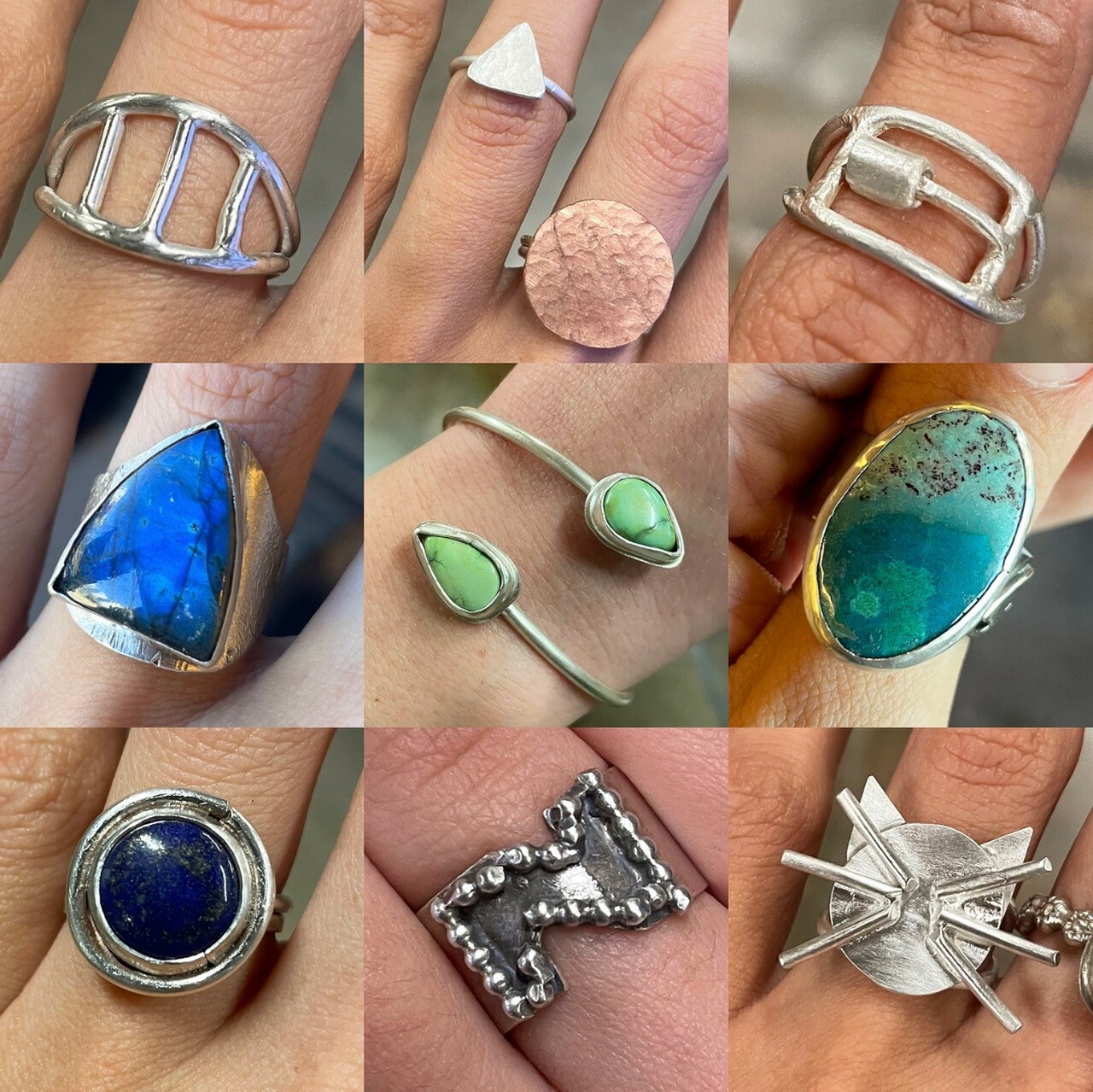 A collage of nine photos. Each picture showcases a piece of handmade jewelry, with rings, gemstones and bracelets. Colors range from silver and copper to blues, greens and black.