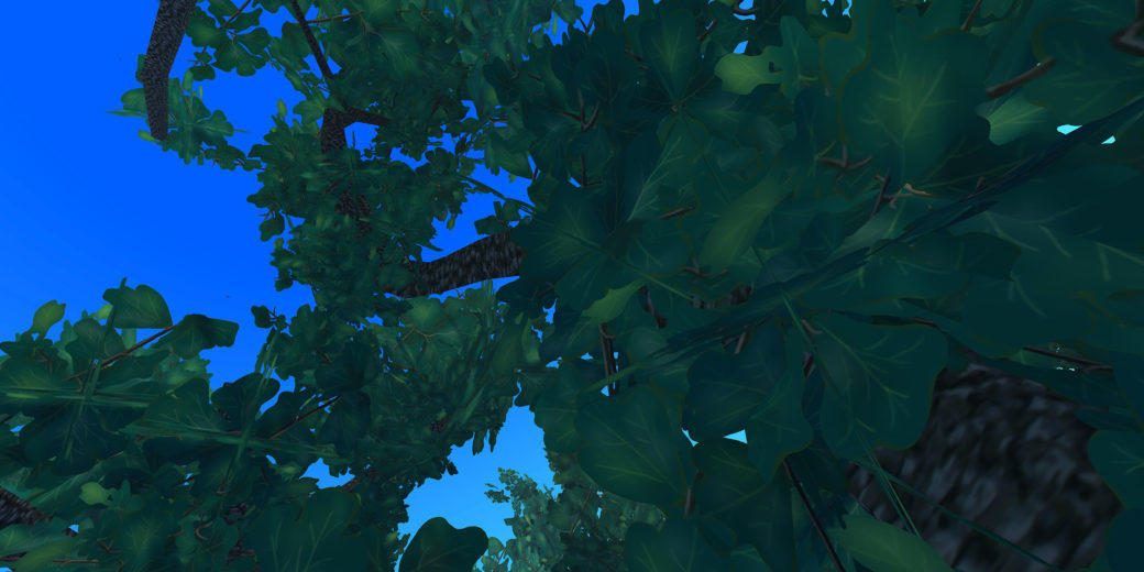 Digitally rendered oak tree branches against a digital blue sky
