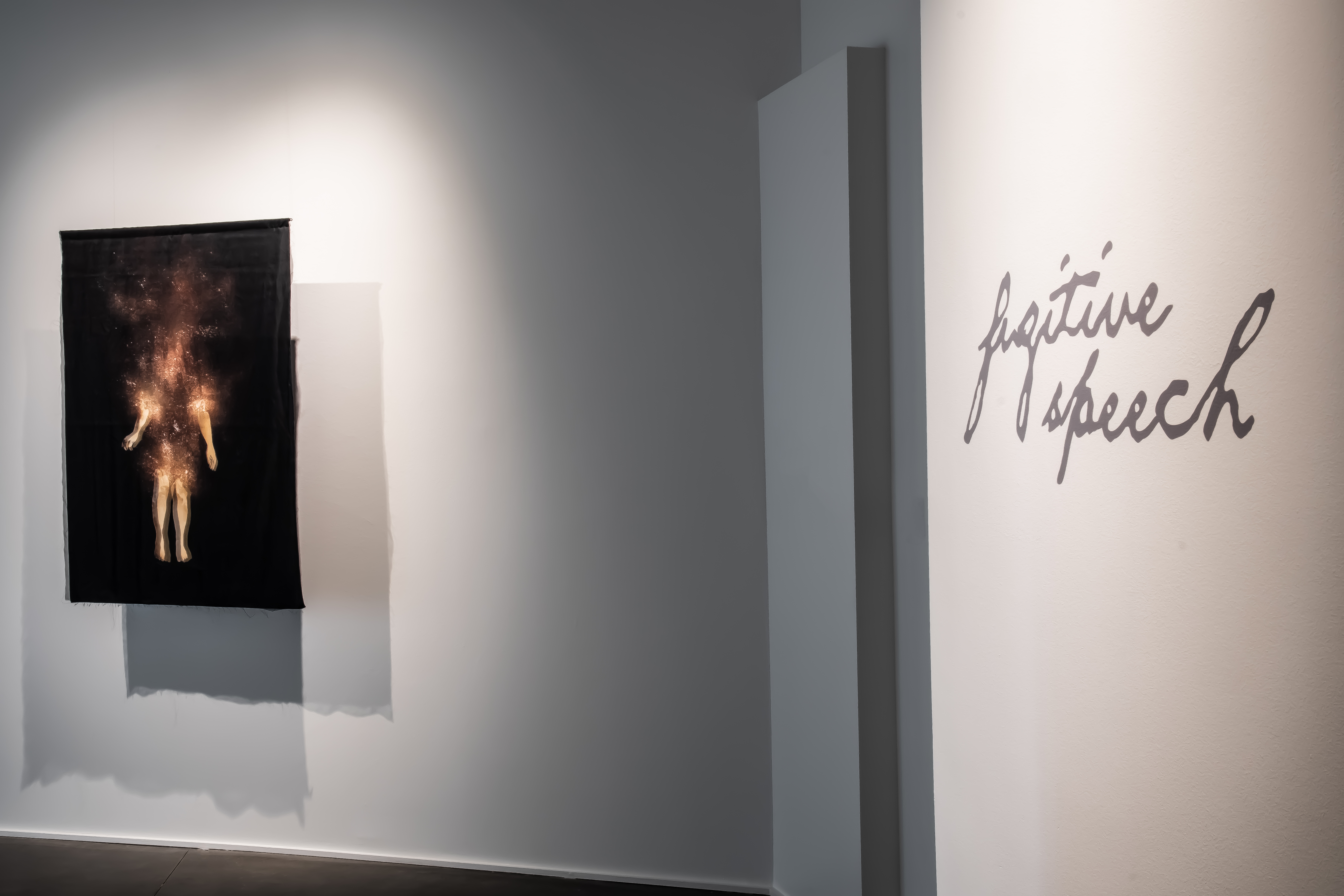 A fiber artwork hangs on a white wall. Adjacent, the words "fugitive speech" are written in gray cursive on the wall. The artwork is a black piece of fiber with a disembodied figure floating in the center.