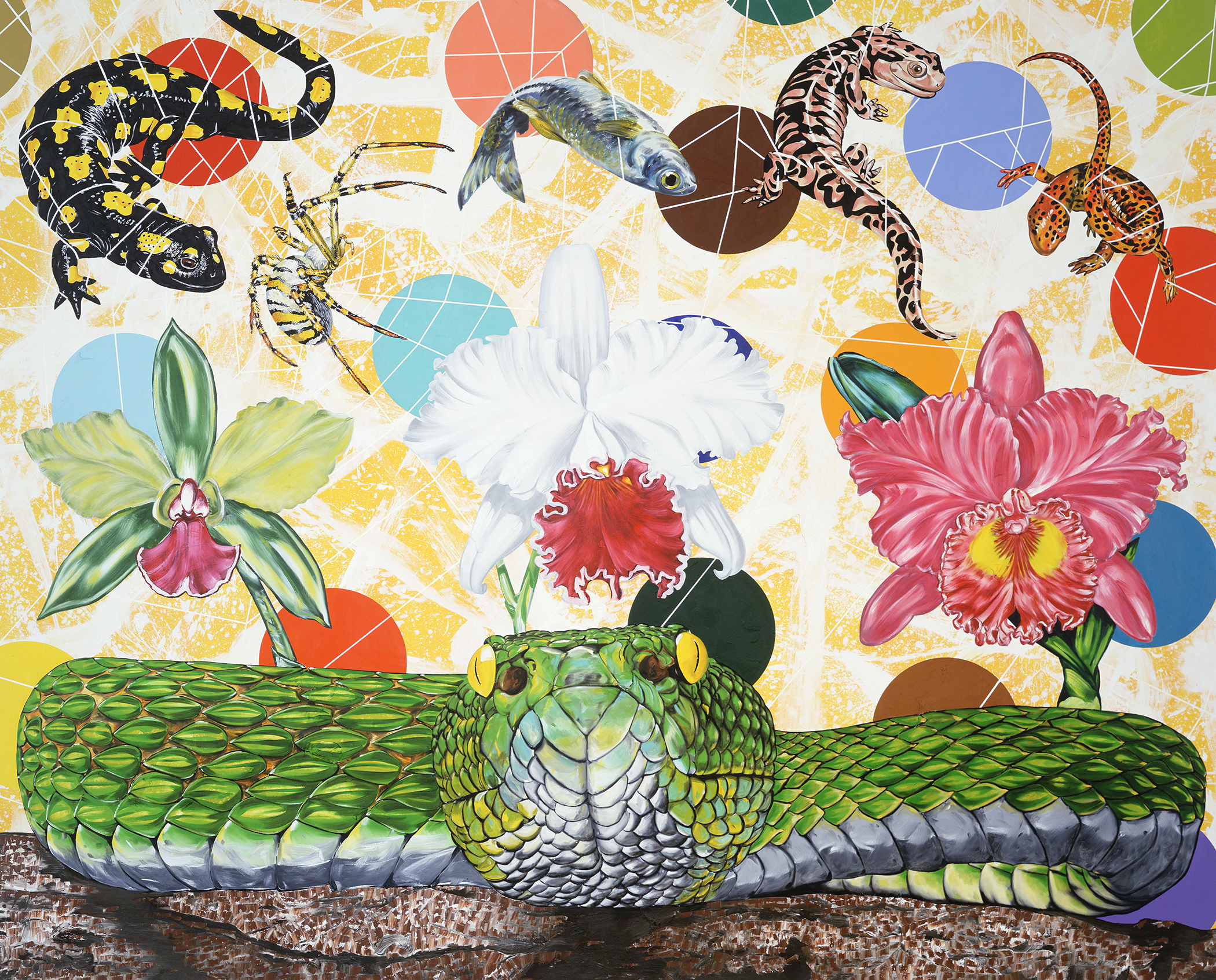 A green snake in the foreground with bright circles, reptiles and tropical flowers in the background