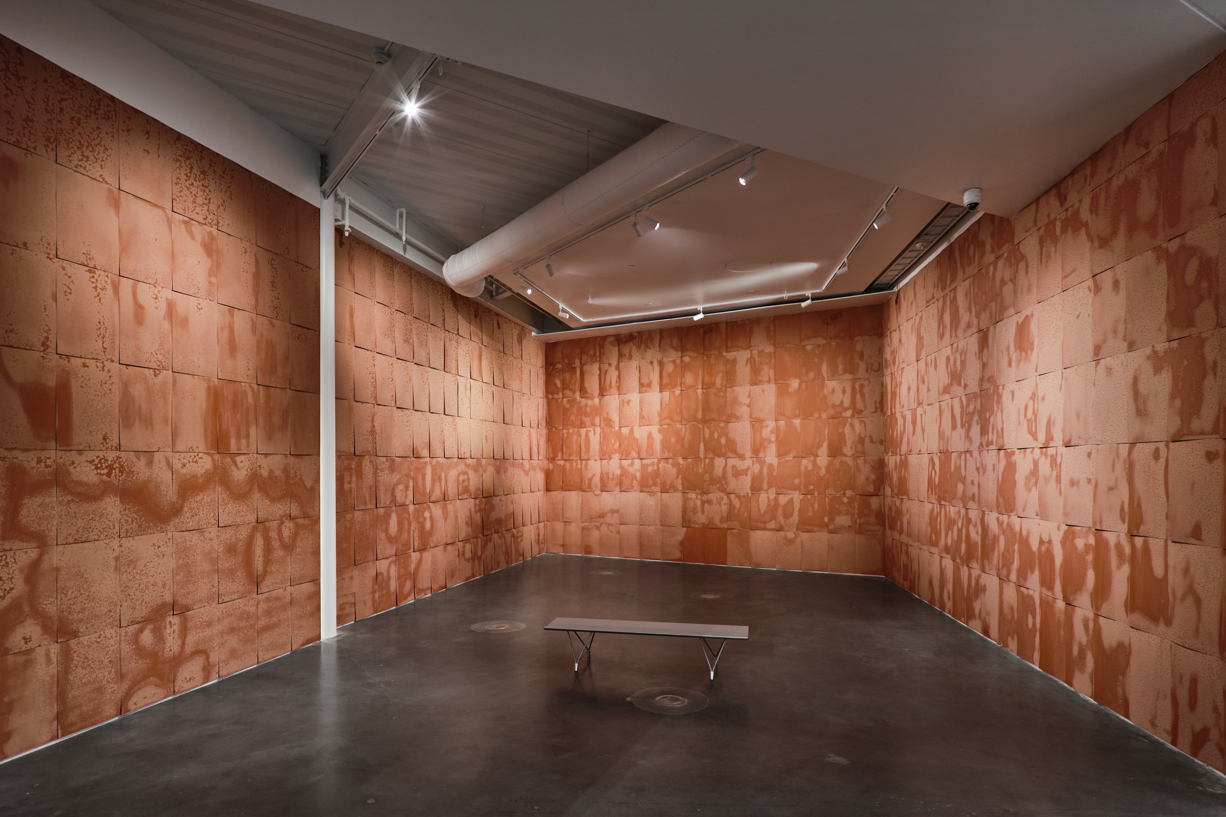 We are looking at a gallery room that is floor-to-ceiling brown streaks covering the walls. A person sits on a bench in the middle of the room.