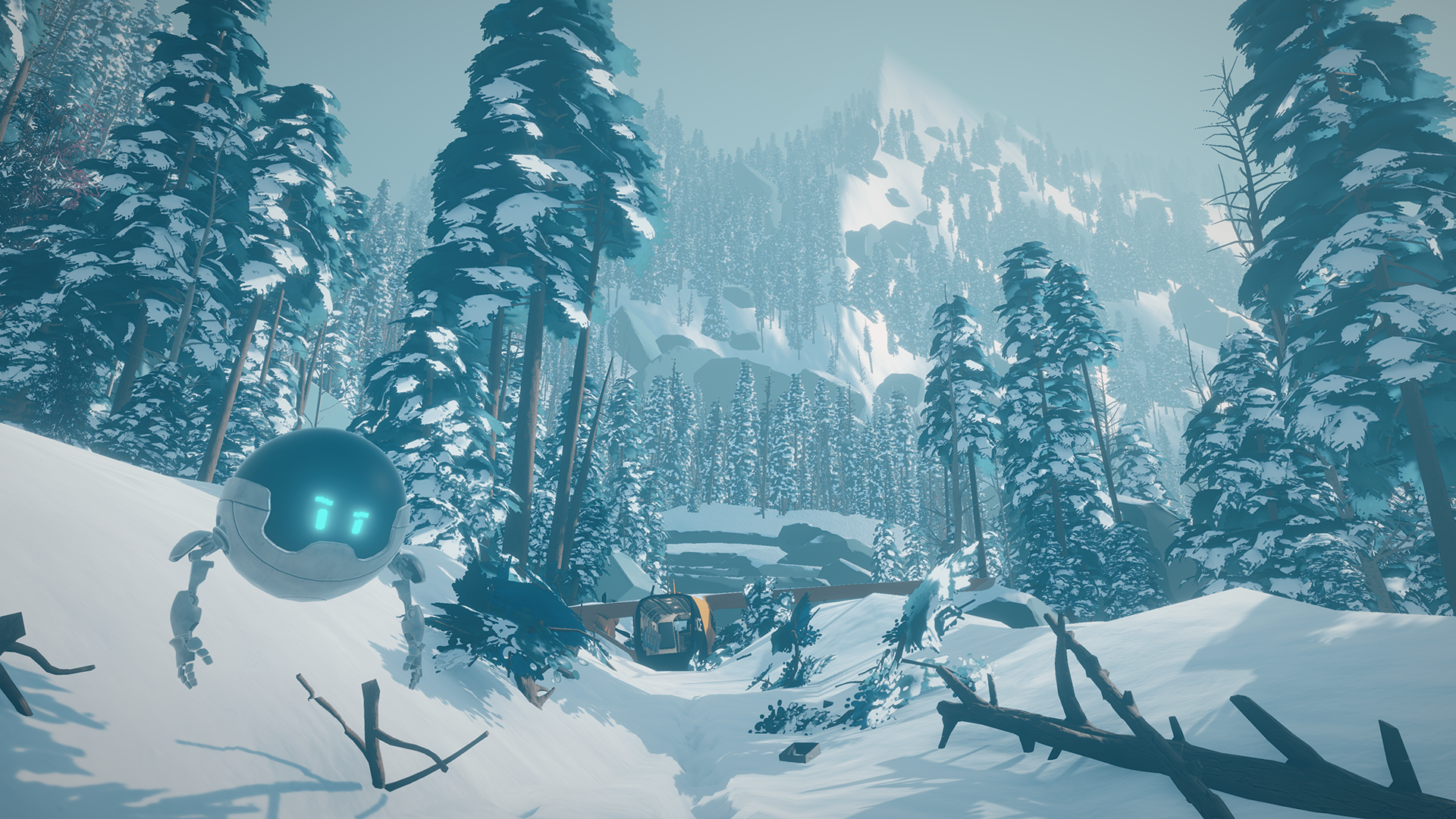A screengrab from a video game depicts a snow-covered, hazy blue mountain forest scene with a round, floating robot with blue LED eyes in the foreground
