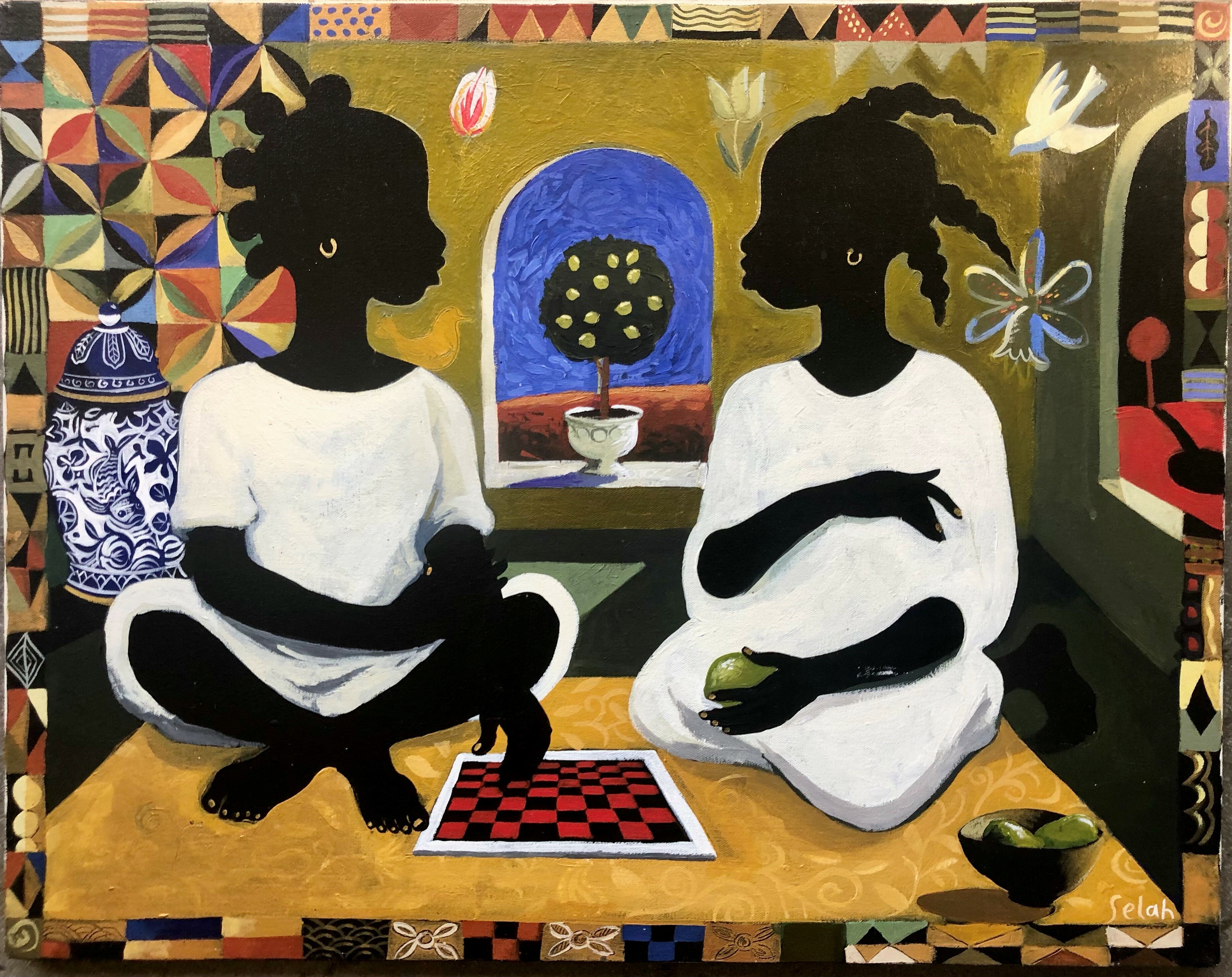 Two dark figures in white shifts play checkers in a sandstone-colored room with bright art on the walls and a tree outside