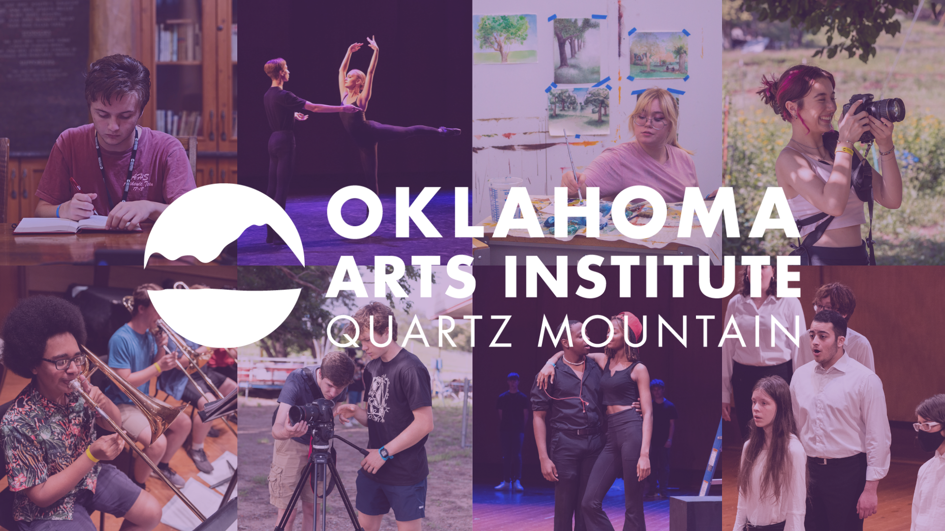 People engaged in various artistic pursuits, including writing, dance, painting, photography, orchestra, acting, and singing are shown. Oklahoma Arts Institute Quartz Mountain is written in white over the image.