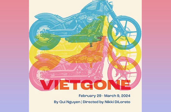 Motorcycles in blue, yellow and pink with "Vietgone" in red text