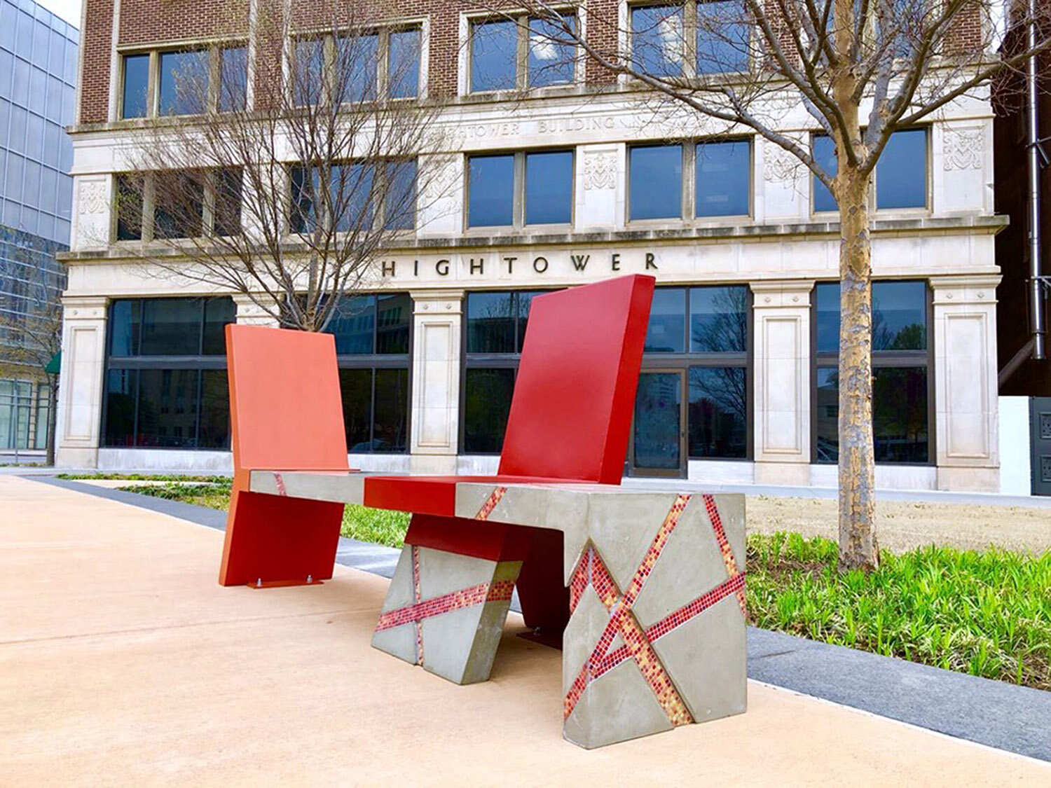 Beatriz Mayorca's public install chairs made of mosaic tiles and metal acting as public seating
