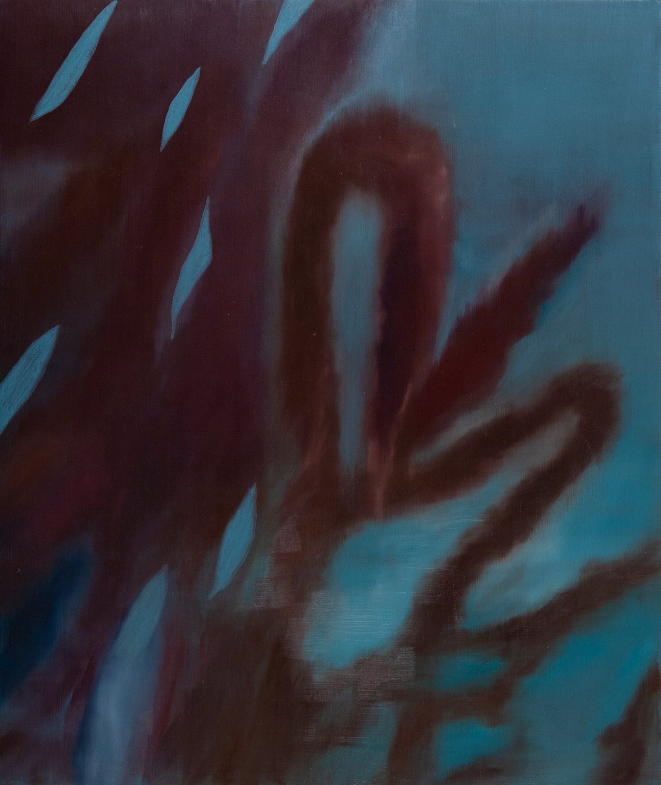 Abstract maroon forms on a dark turquoise background