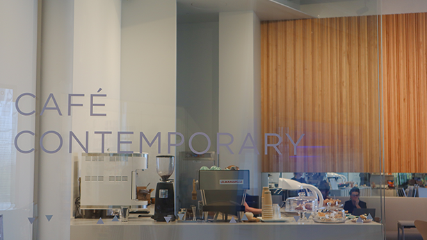 Café Contemporary viewed through glass doors