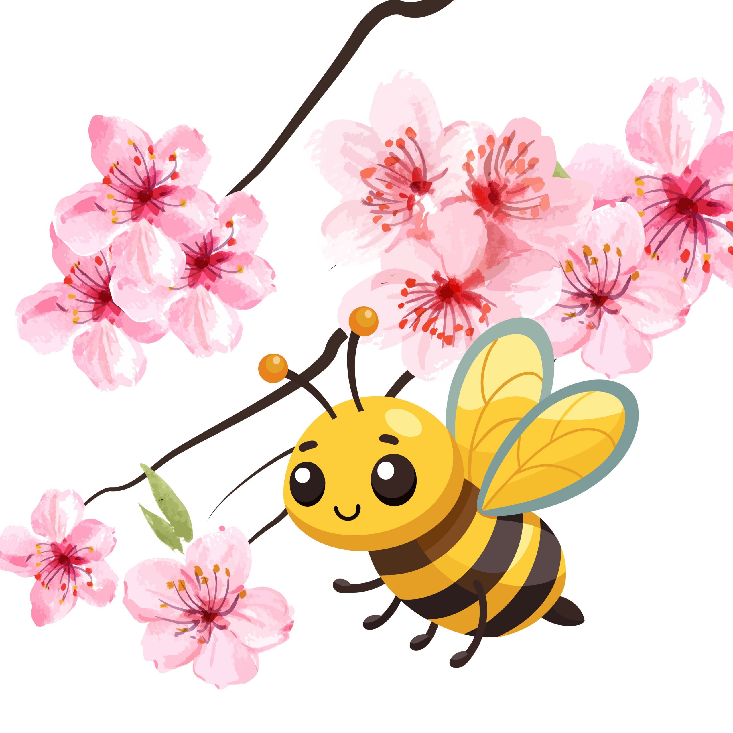 Cartoon of a bee next to cherry blossoms