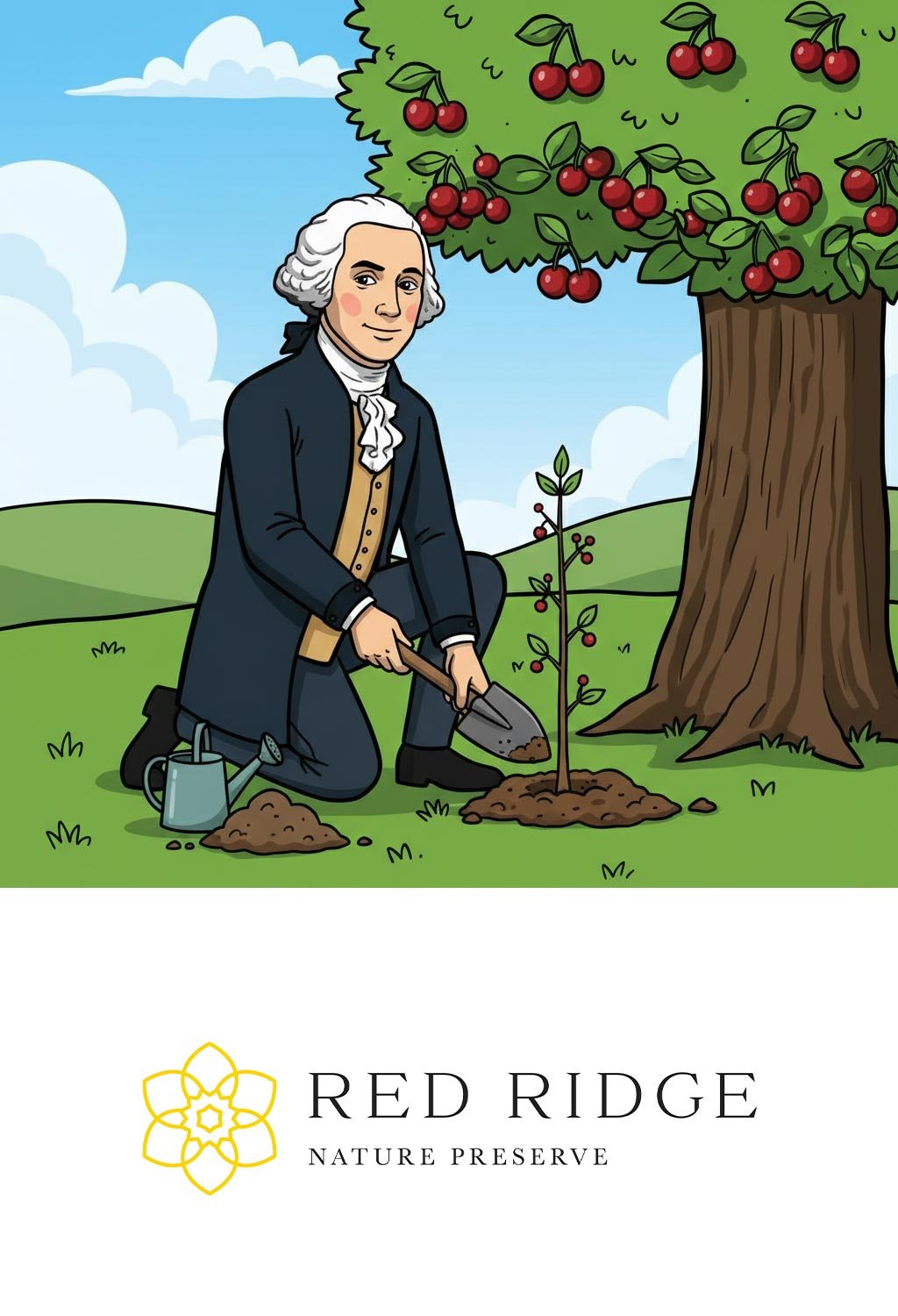 Cartoon of George Washington planting a cherry tree and the Red Ridge logo