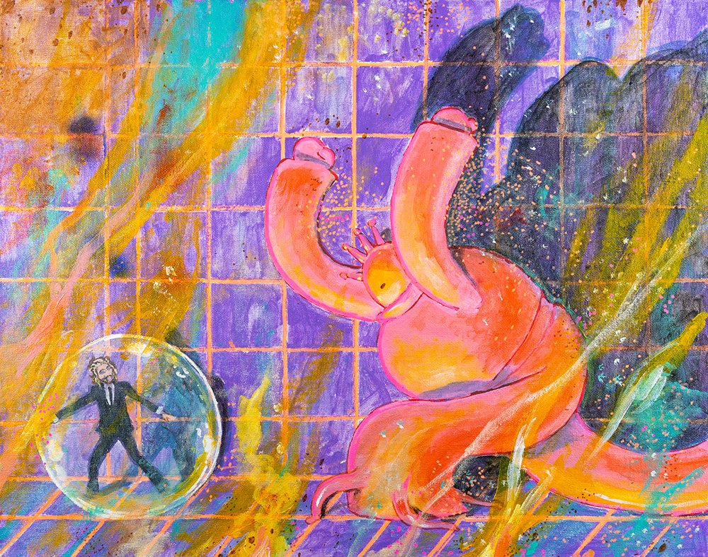 Painting of a bulbous pink robot chasing Wayne Coyne, who is trapped in a bubble