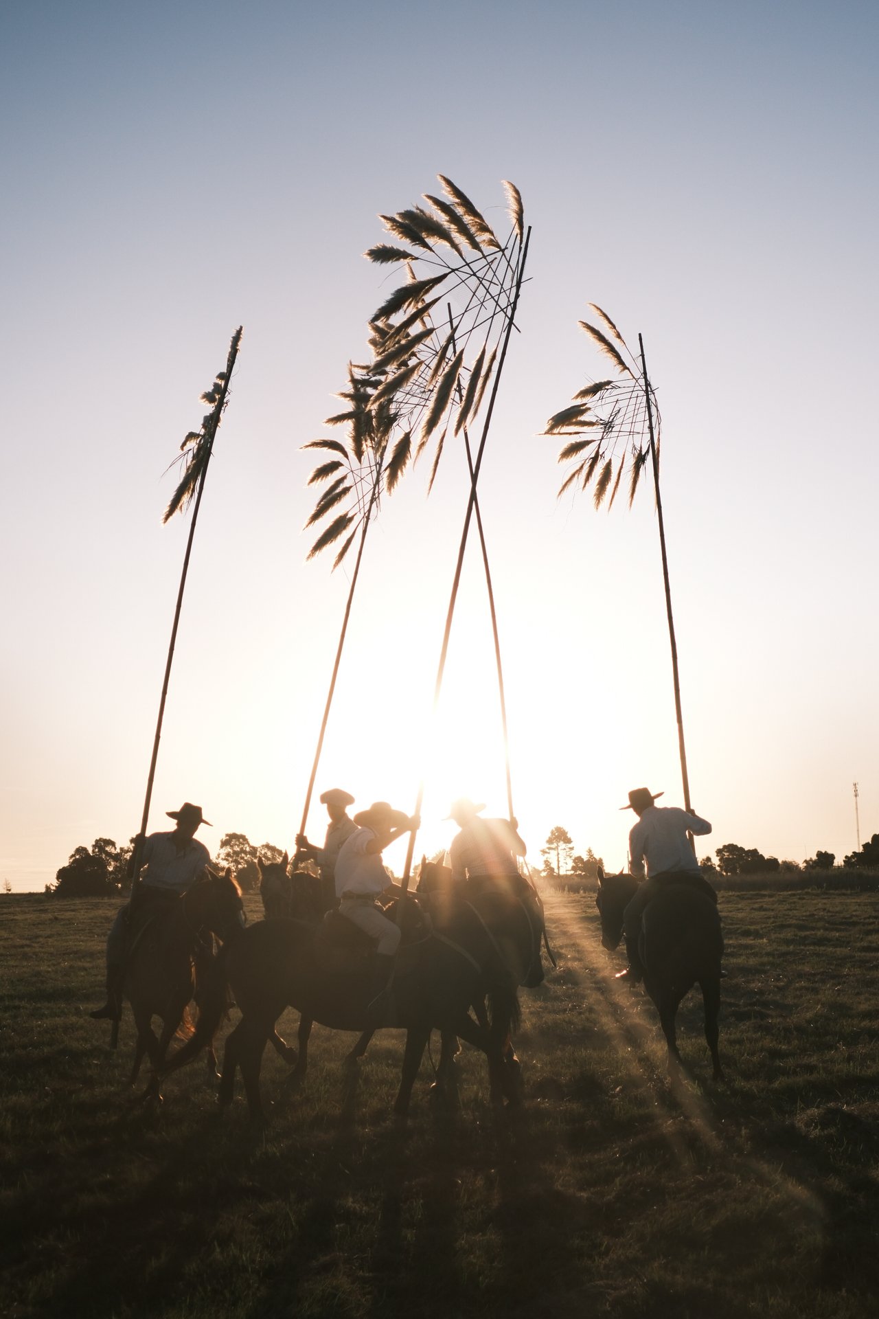 Gauchos on horseback carry flags made of natural materials