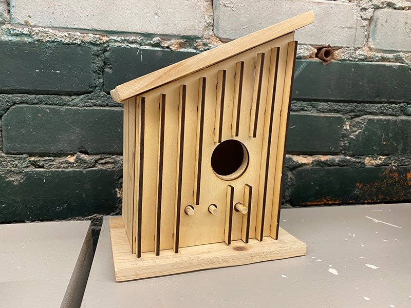 A wooden birdhouse