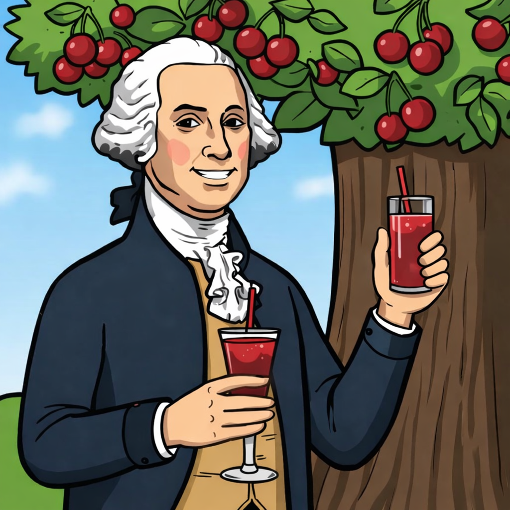 George Washington holds two juice drinks in front of a cherry tree