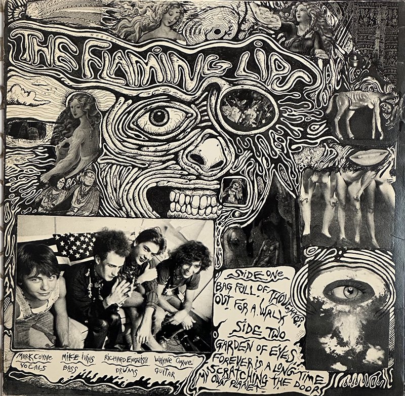 A pen and ink collage-style drawing featuring a melting head, several renaissance-style women, an emaciated horse, naked bodies, and a photo of The Flaming Lips
