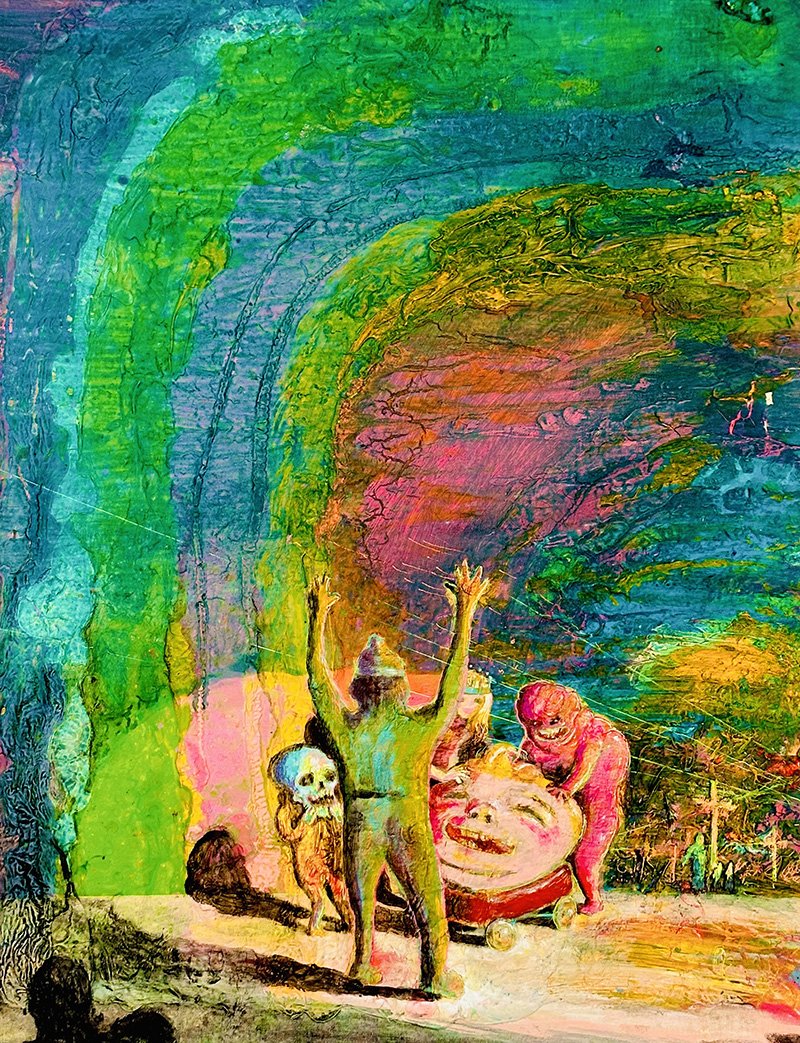 Painting of several figures gathered around a giant face in a red wagon. One figure is holding a skull.