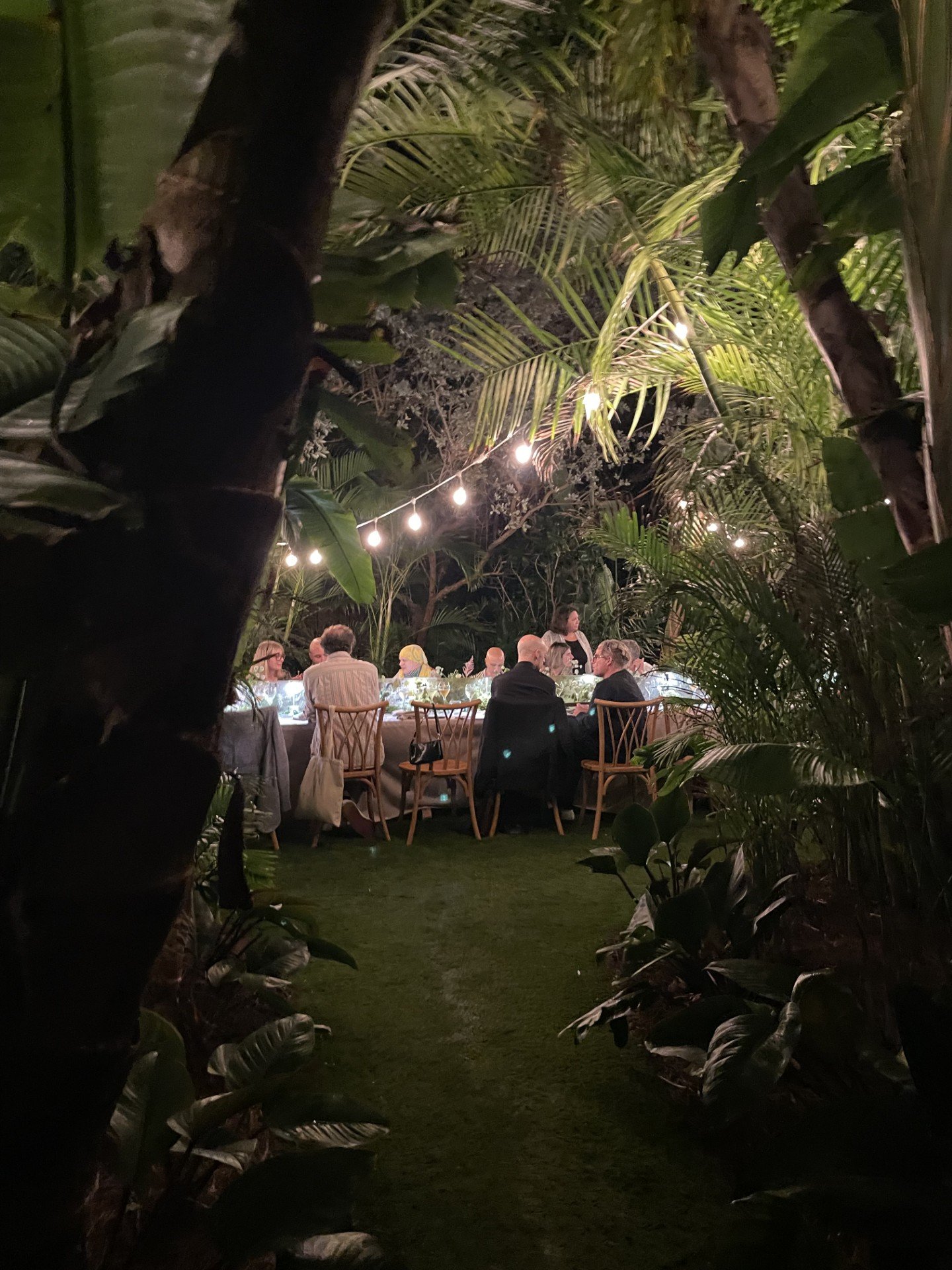 People dine at an outdoor table in a tropical setting