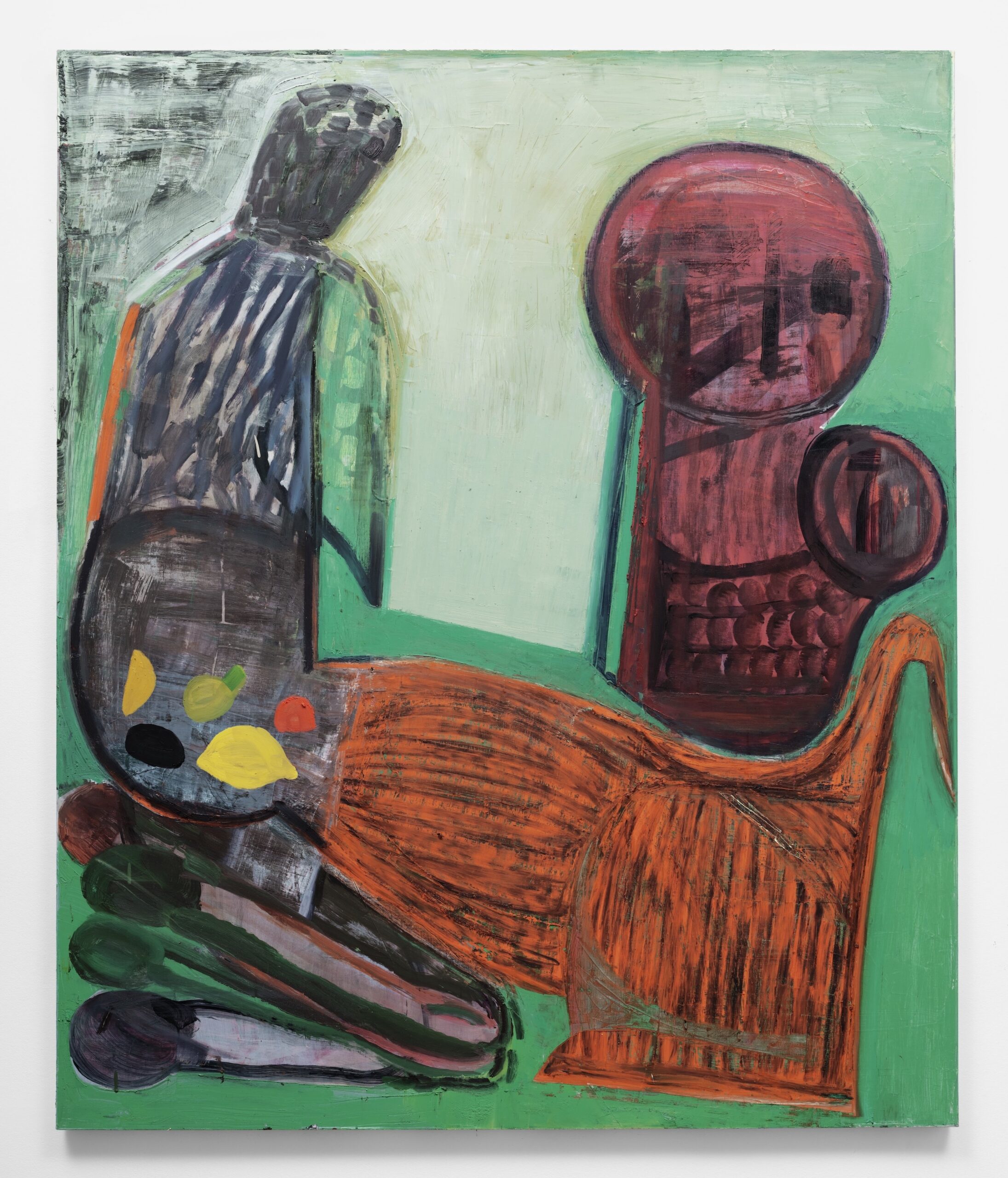 Abstract painting of a kneeling figure on a mat in front of a sculpture