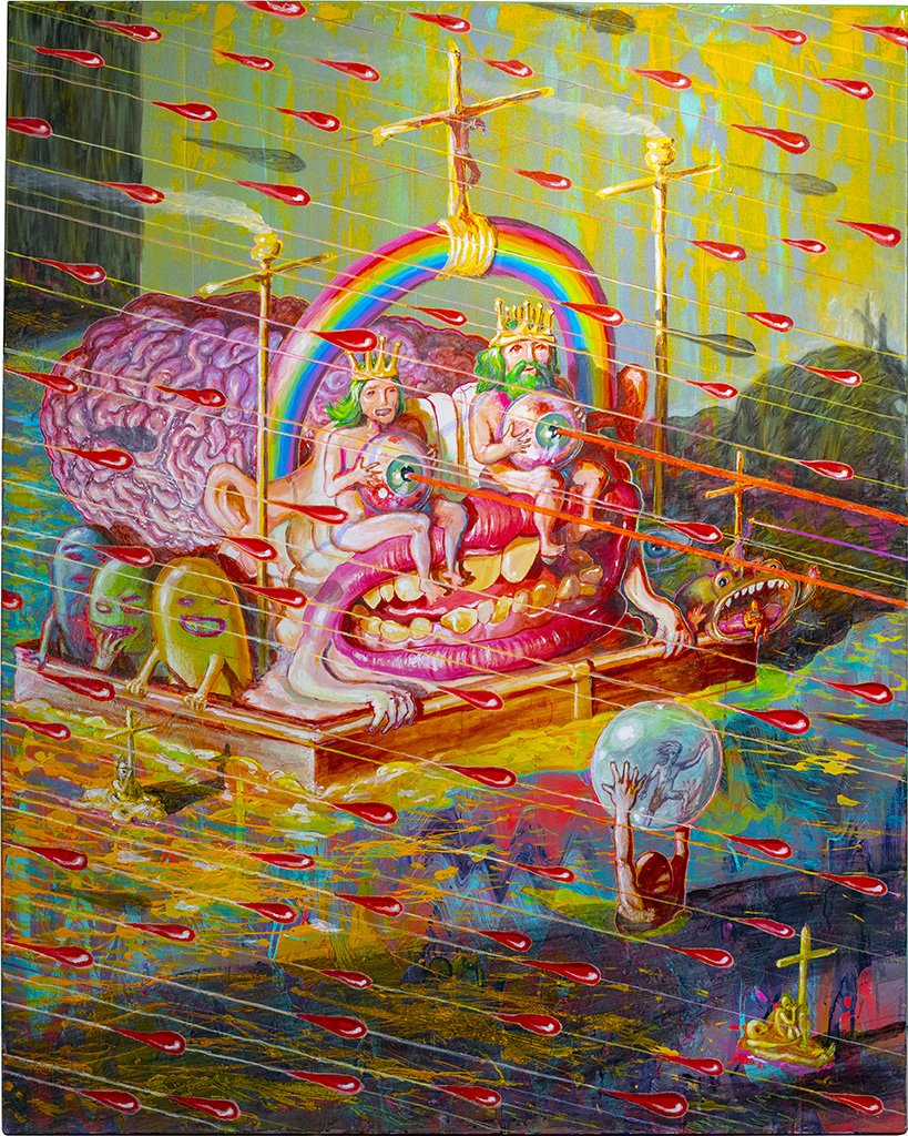 A naked man and woman wearing crowns sit on a giant mouth and brain while holding eyeballs. There is a rainbow with three crosses above them. It is raining blood.