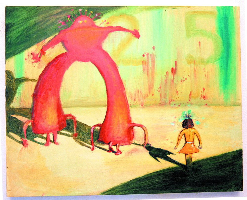 A large, pink robot towers above a girl